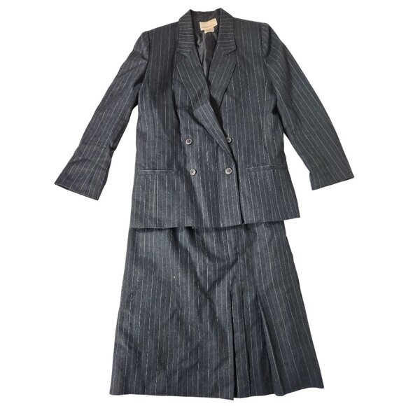 Vintage HaberdasHER Women's Power Navy Pin Striped Double-Breasted Suit US 7/8 - Picture 1 of 14